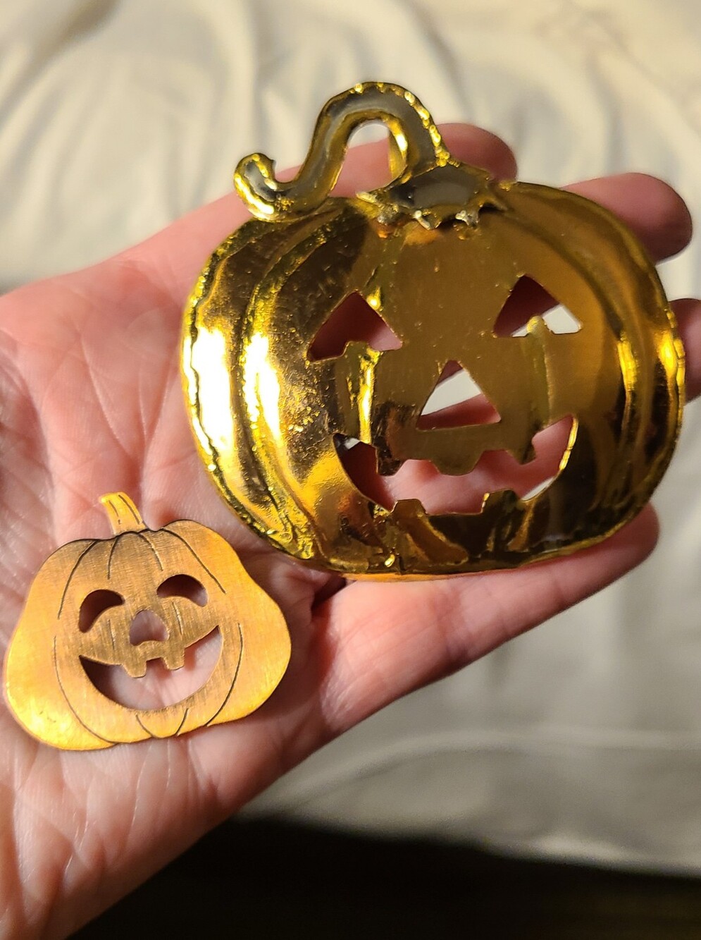 Vintage Halloween Pumpkin Brooch Set Of 2 Copper Artisan Metal Large Fall Autumn